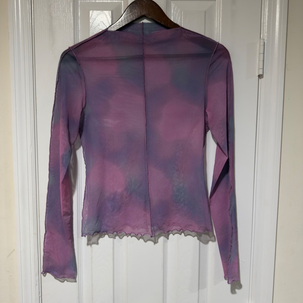 Y2K Purple Pink‎ Tie Dye Sheer Mesh Long Sleeve Lettuce Edge Fairycore Top XS S